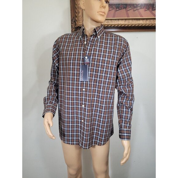Roundtree & Yorke Mens size Large Brown Plaid Button-Down Cotton Shirt - Picture 6 of 10